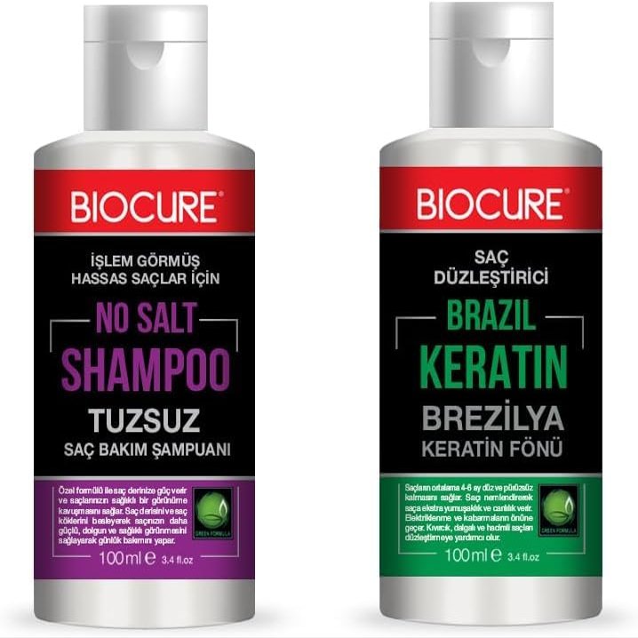 Biocure Brazilian Keratin Hair Straightening Set, No-Salt Shampoo, At-Home Treatment Kit, 100ml, 6-Month Results