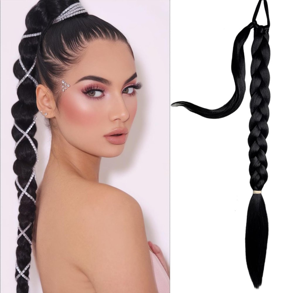 32inch Braid Ponytail Extension with Hair Tie Straight Sleek Wrap Around Hair Black Braided Hair Extensions Soft Synthetic Long Braid Ponytail Extension (1B, 32inch(Pack of 1))