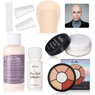 Go Ho Halloween Professional Bald Cap SFX Kit - Complete 8-Piece Makeup Set with Latex (30ml),Water Based Acrylic Adhesive(10ml),6 Colors Flesh Palette,Loose Setting Powder,Bald Cap&Applicators