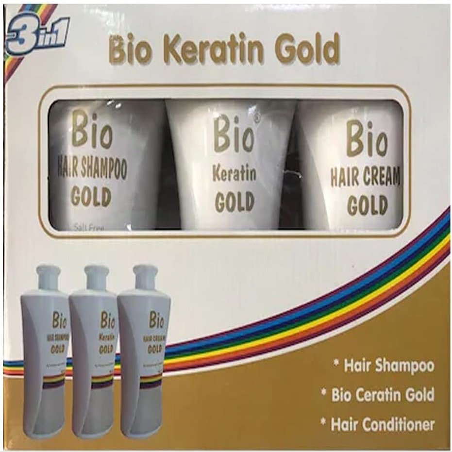 Bio Keratin Gold Hair Treatment Set, 3-Piece Kit with Shampoo, Keratin Treatment and Hair Cream, 23.7 fl oz Each