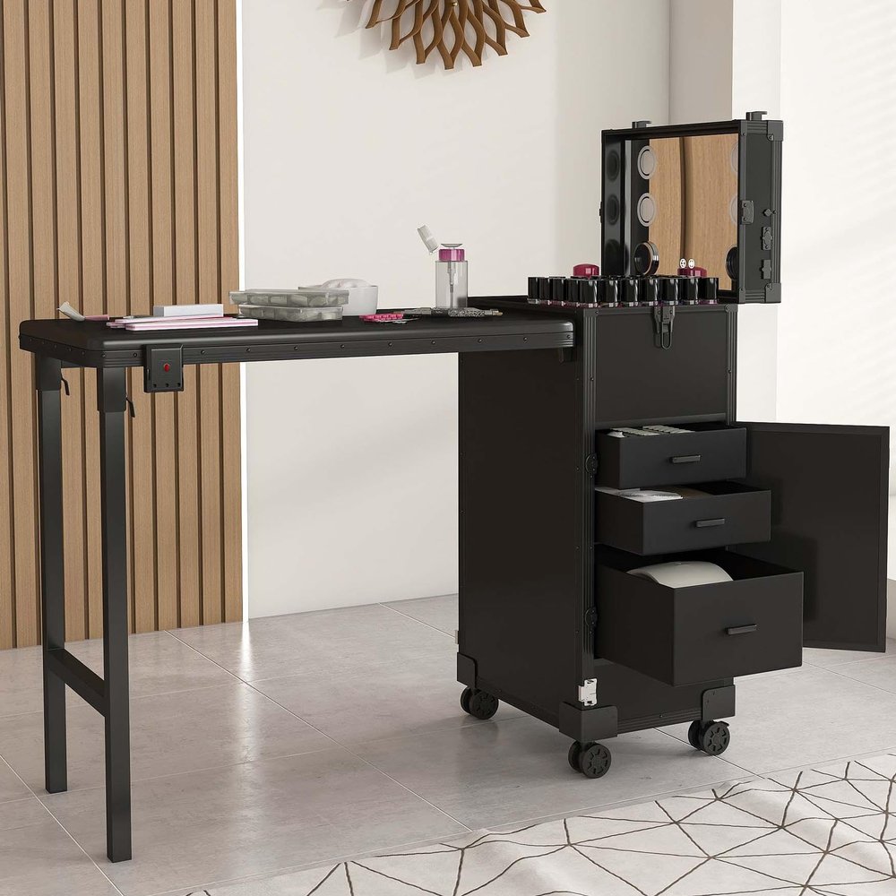 Foldable Nails Table for Nail Tech, Portable Manicure Table Nail Station for Home, Travel Nails Desk with Drawers & LED Mirror and Bluetooth, Portable Manicure Tables with Telescopic Pole (Black)