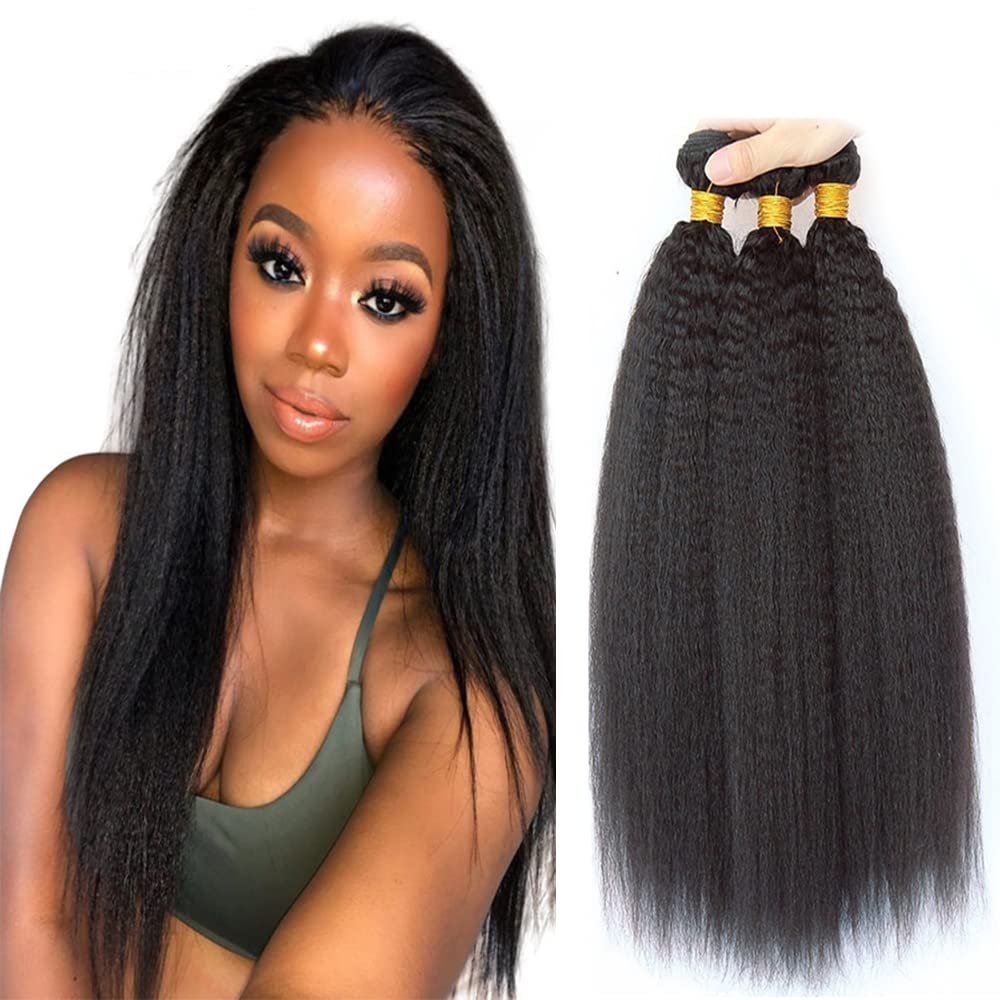 QEUOPE Natural Black Yaki Straight Bundles Color 1B Human Hair Kinkystraight Bundles Double Weft Brazilian Hair Extensions Silky and Soft for Women (18 20 22 inch 3 Bundles)
