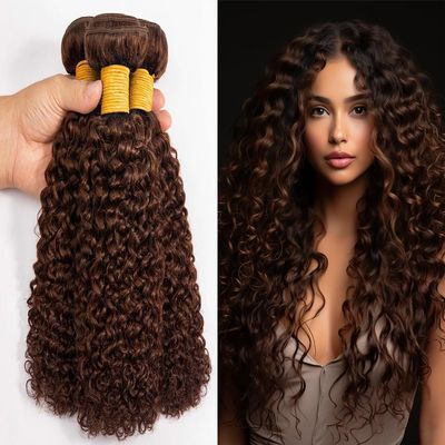 QEUOPE Chocolate Brown Kinkycurly Bundles Color 4 Human Hair Dark Brown Deep Curly Wave Bundles Double Weft Brazilian Hair Extensions Silky and Soft for Women (18 20 22 inch 3 Bundles)