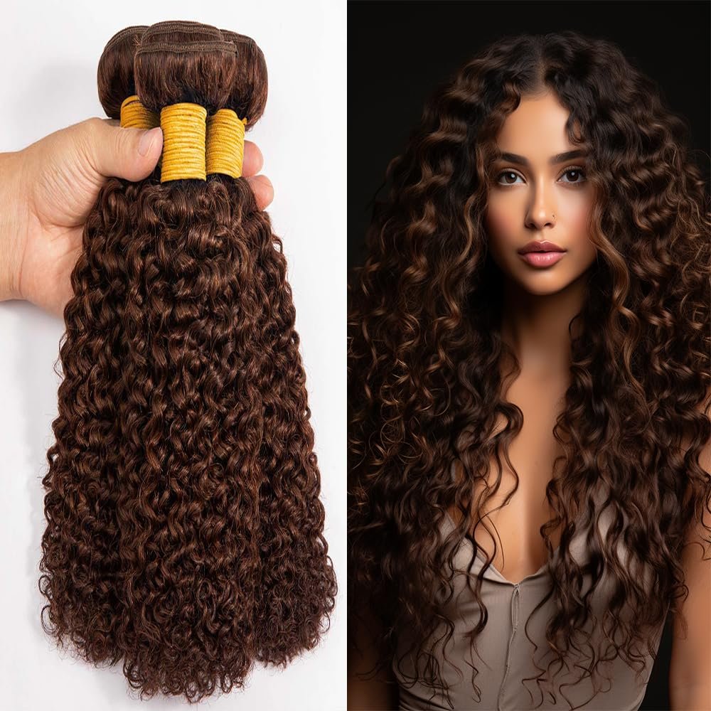 QEUOPE Chocolate Brown Kinkycurly Bundles Color 4 Human Hair Dark Brown Deep Curly Wave Bundles Double Weft Brazilian Hair Extensions Silky and Soft for Women (18 20 22 inch 3 Bundles)