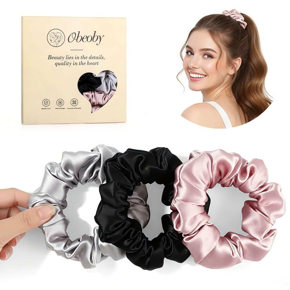 100% 30 Momme Mulberry Silk Scrunchies Stocking Stuffers for Teen Girls, 3Pcs Silk Hair Ties for Sleep, Frizz & Breakage Prevention