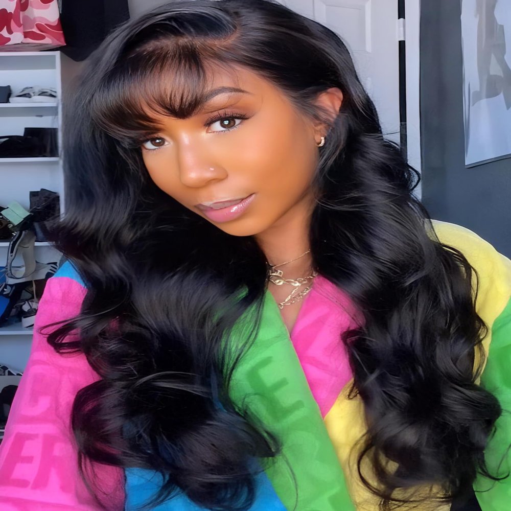UNICE 20 inch Loose Body Wave 13x4 Lace Front Wigs Human Hair Side Part with Wispy Bangs Pre Everything Glueless Frontal Wig Human Hair Pre Plucked Pre Cut Put on and Go Black Color