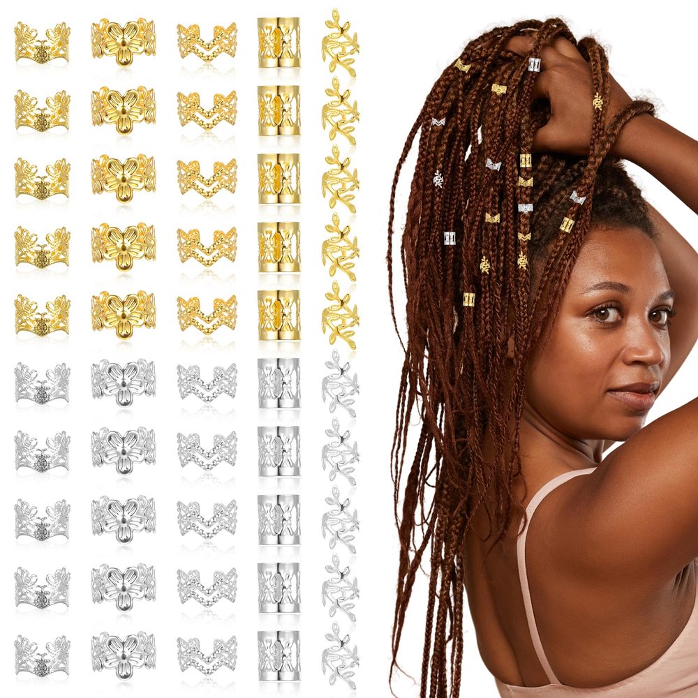 100PCS Gold Silver Hair Jewelry for Braids Dreadlock Non-piercing Ear Clip Beads Cuffs Clip Hair Accessories Styling Fashion Jewelry Gift for Girl Women Men Braids Decoration Party Music Festival