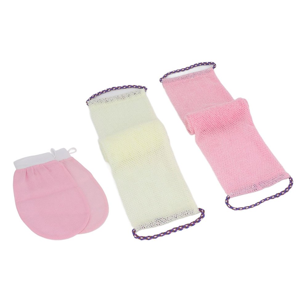 Akozon Premium Set Exfoliating Long Net Bath Sponge and Nylon Body Back Scrubber with Bathing Gloves for Skin Care (Roseate Beige)