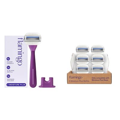 Flamingo Moisture Plus Women's Razor Set: 1 Razor Handle (Fig), 7 Blade Refills with Bar Soap, and Shower Holder