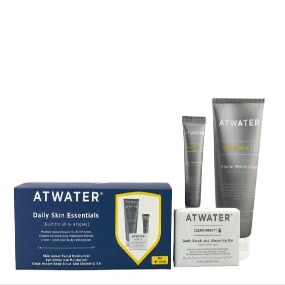 ATWATER Daily Skin Essentials Bundle, Complete Men's Skincare Kit with Award-Winning Face Moisturizer, Eye Cream and Body Scrub Bar - 3 Piece Set