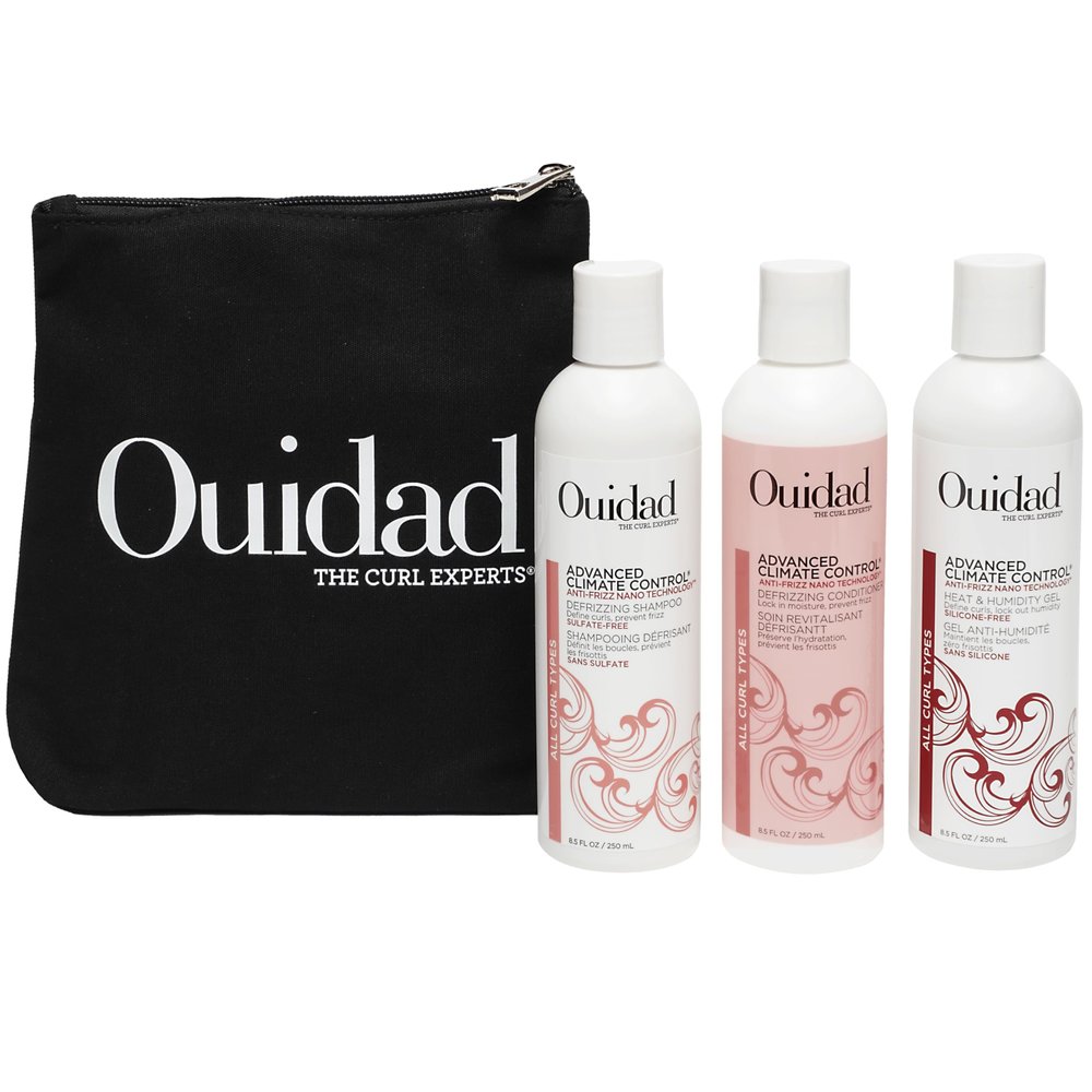 Ouidad Frizz-Free Wash Day Hair Care Kit for Curly Hair, Anti-Frizz Advanced Climate Control Shampoo, Conditioner & Gel, Defines Curls, Fights Humidity, Adds Shine  Includes Canvas Bag, 3-Piece Set