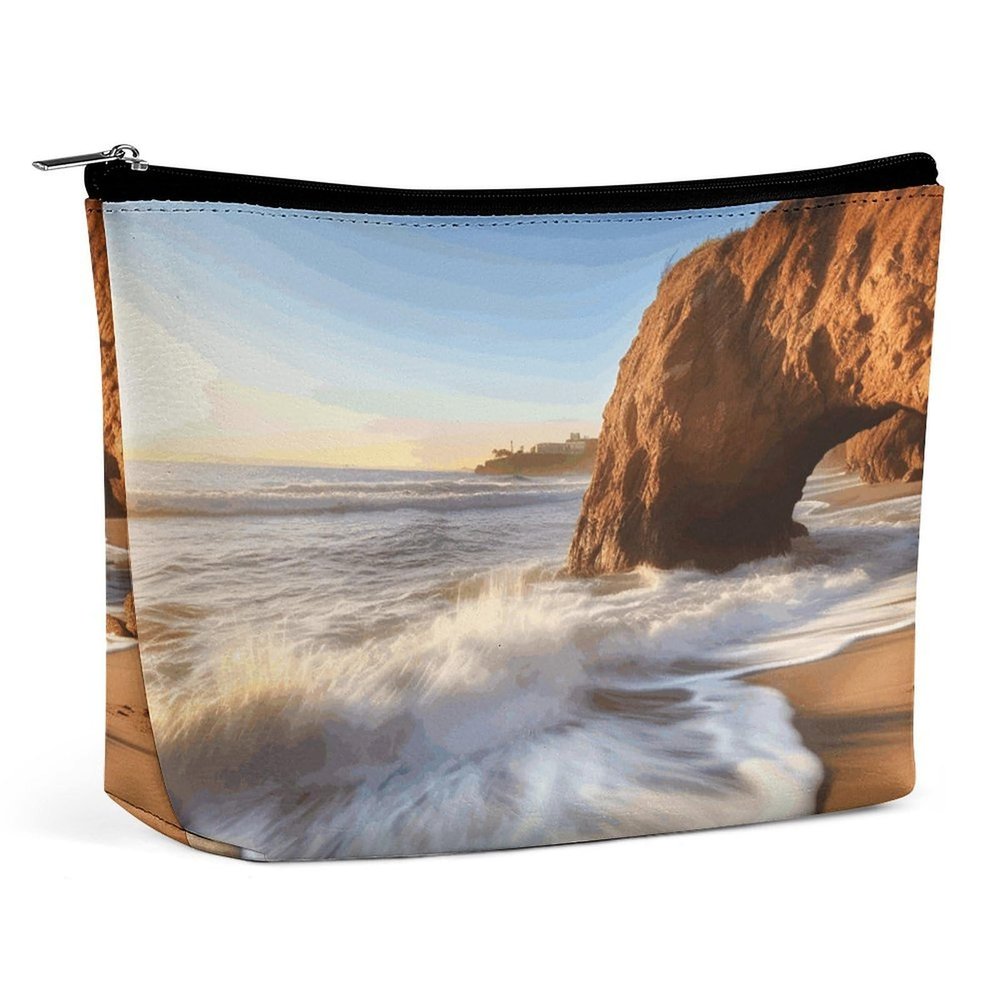 Beach Malibu Makeup Bag, Portable PU Leather Cosmetic Bag with Zipper Pouch, Waterproof Travel Toiletry Bag for Women Men