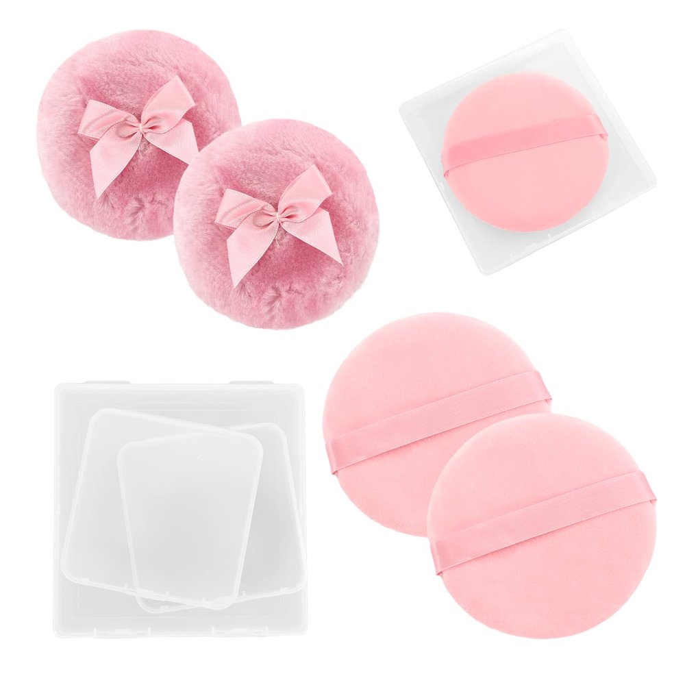 4 PCS Body Powder Puff, Large Powder Puff with Transparent Box, Velour Puffs Soft and Fluffy Washable and Reusable for Wet and Dry Makeup Face Body (Pink)