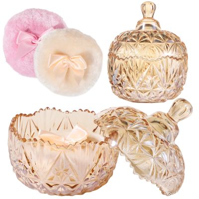 3-Piece Amber Glass Powder Puff Container Set With Crown Lid, Large Puff For Powder Application