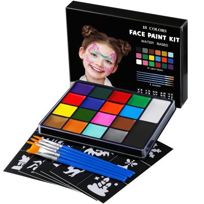 Face Painting Kit for Kids, 18 Colors Water Activated Face Paint with Brushes & Stencils, Non-Toxic Halloween Makeup Kit, Professional Face Body Paint for Halloween, Parties, Carnival, School Events