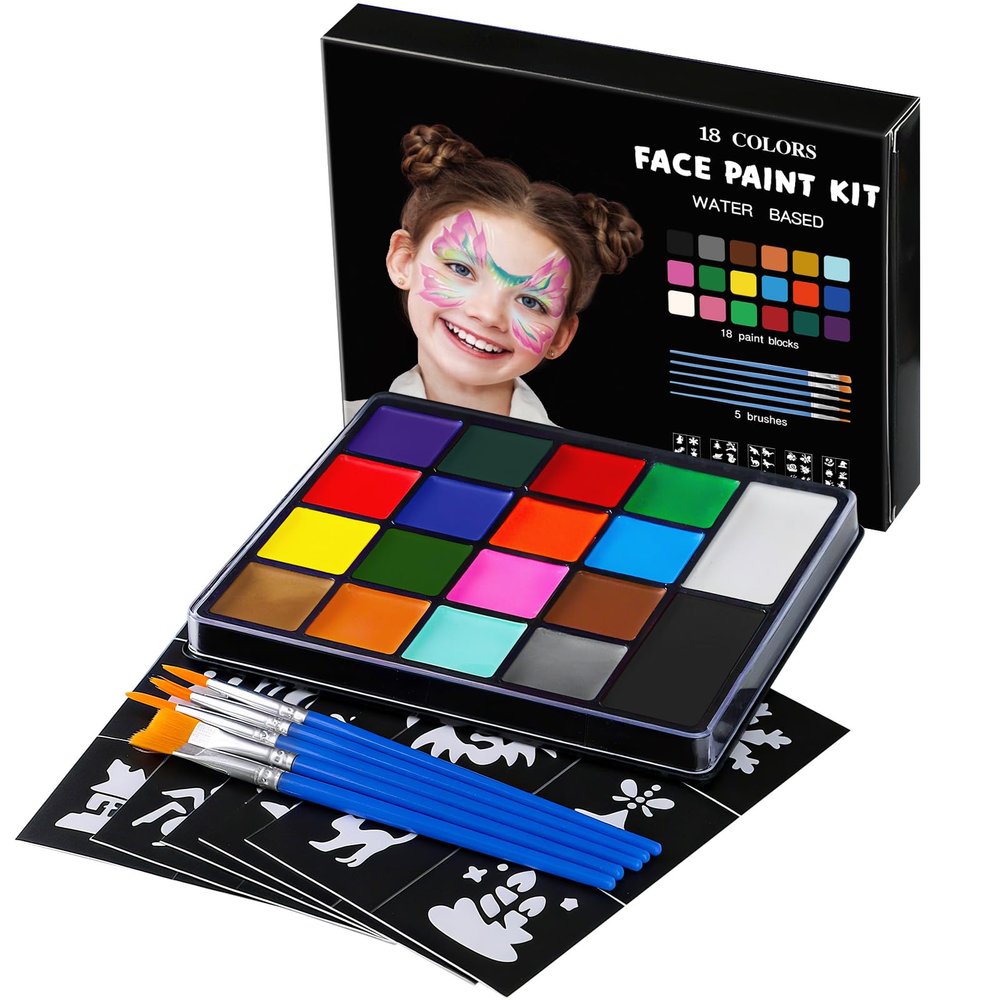 Face Painting Kit for Kids, 18 Colors Water Activated Face Paint with Brushes & Stencils, Non-Toxic Halloween Makeup Kit, Professional Face Body Paint for Halloween, Parties, Carnival, School Events