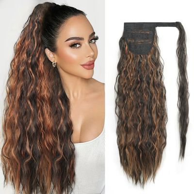 tonebesift Long Corn Wave Ponytail Extension 22inch Clip in Curly Wavy Pony Tail Wrap Around Hairpieces for Women(Black Brown Mixed Light Auburn #8H37)