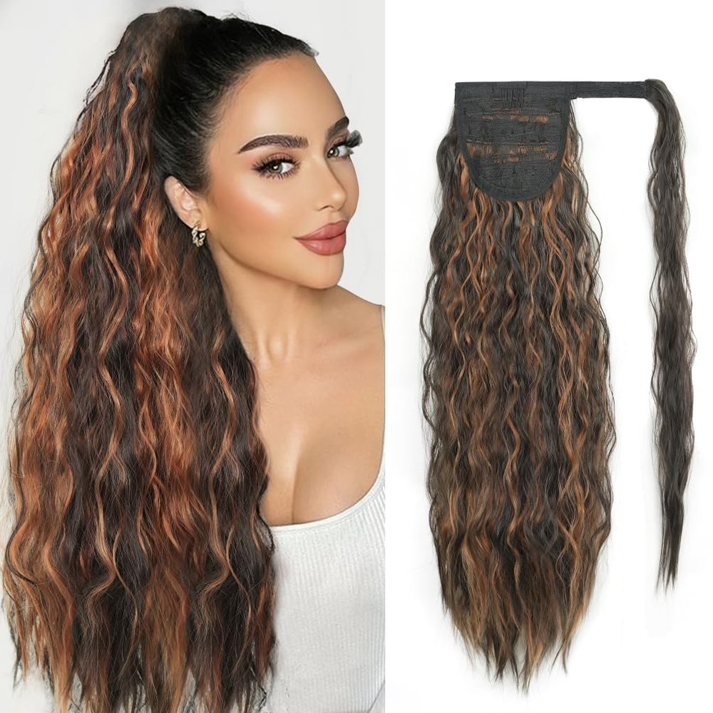 tonebesift Long Corn Wave Ponytail Extension 22inch Clip in Curly Wavy Pony Tail Wrap Around Hairpieces for Women(Black Brown Mixed Light Auburn #8H37)