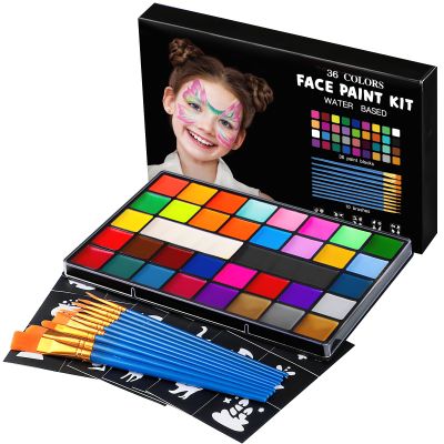 Face Painting Kit for Kids, 36 Colors Water Activated Face Paint with Brushes & Stencils, Non-Toxic Halloween Makeup Kit, Professional Face Body Paint for Halloween, Parties, Carnival, School Events