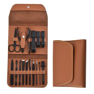 16-Pc Leather Case Manicure Set - Stainless Steel Nail Clippers & Scissors for Men/Women | Home & Travel Grooming Kit,Dark Brown