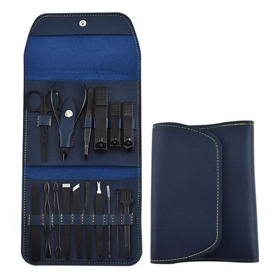16-Pc Leather Case Manicure Set - Stainless Steel Nail Clippers & Scissors for Men/Women | Home & Travel Grooming Kit,Blue