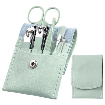 7-Piece Manicure Set - Stainless Steel Nail Art Tools w/PU Leather Case | Cuticle Nipper, Detail Scissors & Grooming Kit,Green