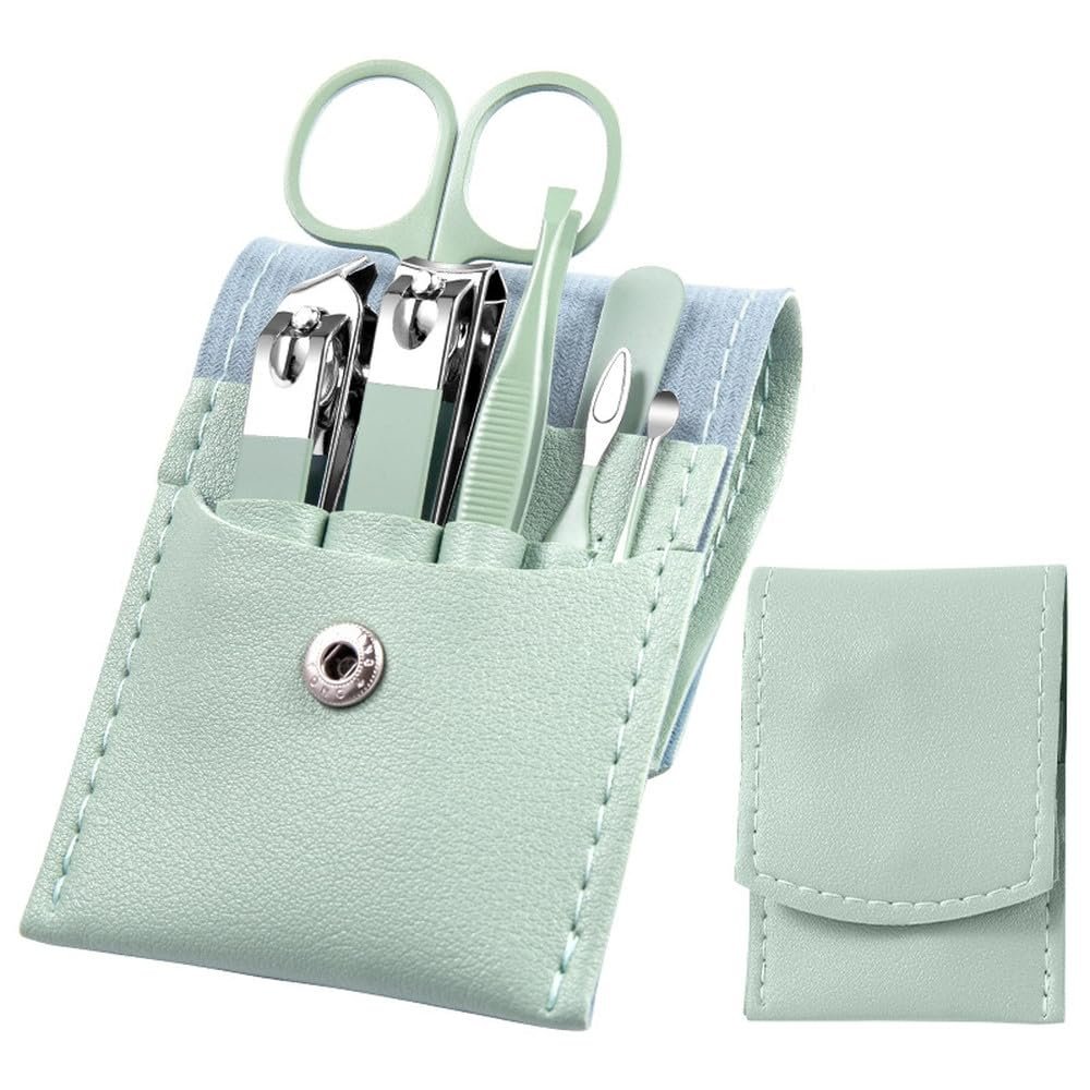 7-Piece Manicure Set - Stainless Steel Nail Art Tools w/PU Leather Case | Cuticle Nipper, Detail Scissors & Grooming Kit,Green