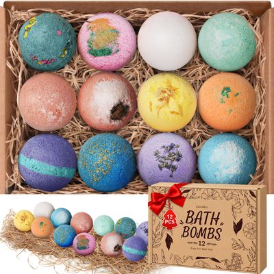CalmNfiz Bath Bombs for Women, 12 PCS Bath Set, Natural Bubble Bathbombs with Shea Butter, Dry Skin Moisturizing, Present for Christmas, Birthday, Valentines Day for Mom, Wife, Her, Girls
