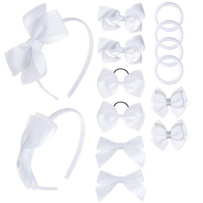 phnydreg Girl White Hair Bow Accessories 14 Pieces Uniform Hair Bows Hair Clips Headband for School Toddler Girls