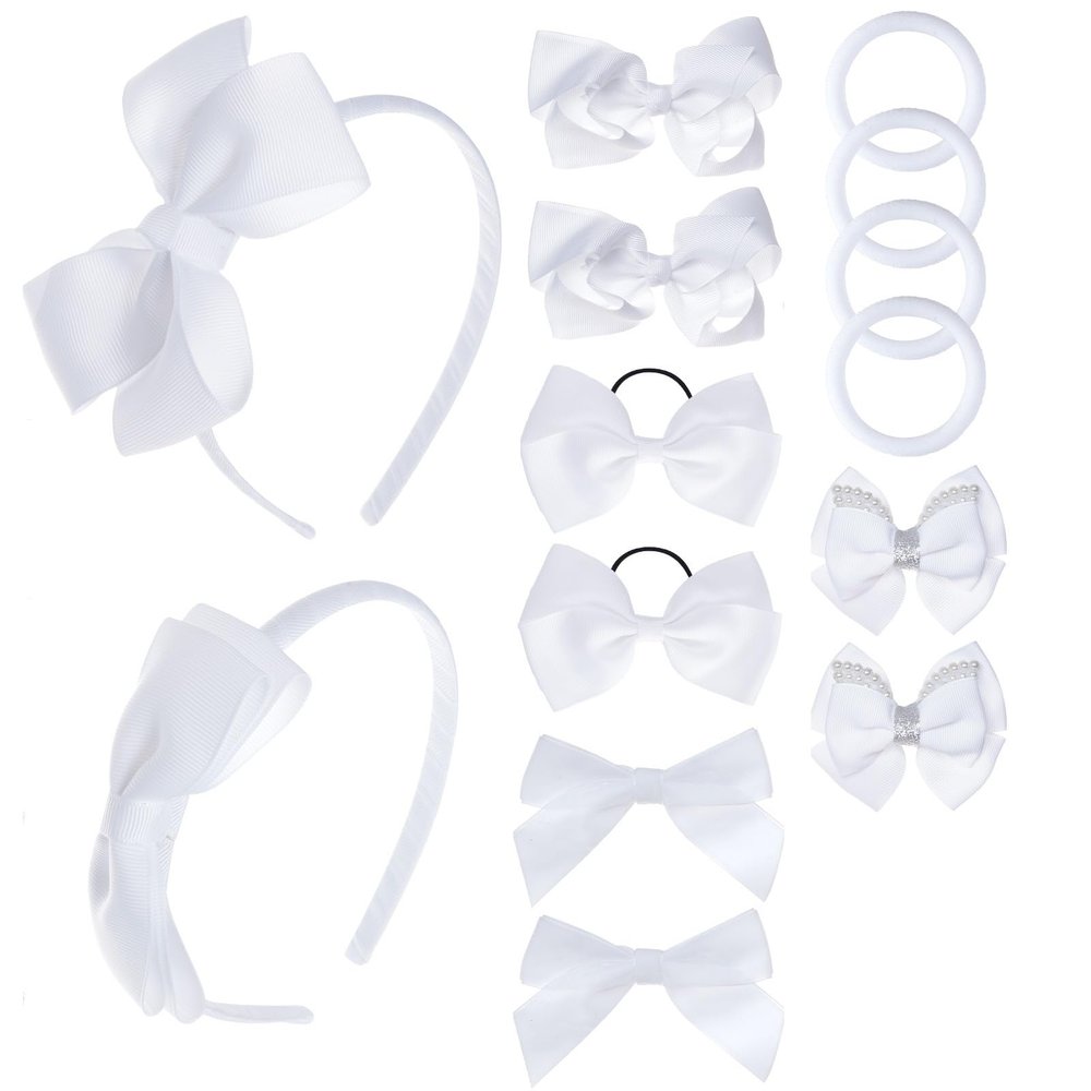 phnydreg Girl White Hair Bow Accessories 14 Pieces Uniform Hair Bows Hair Clips Headband for School Toddler Girls