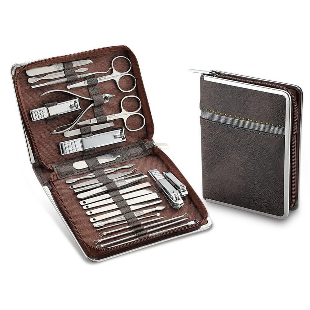 11-26 Pcs Adjustable Nail Care Kit - Stainless Steel Manicure & Pedicure Set w/Dead Skin Scissors,Brown,26pcs