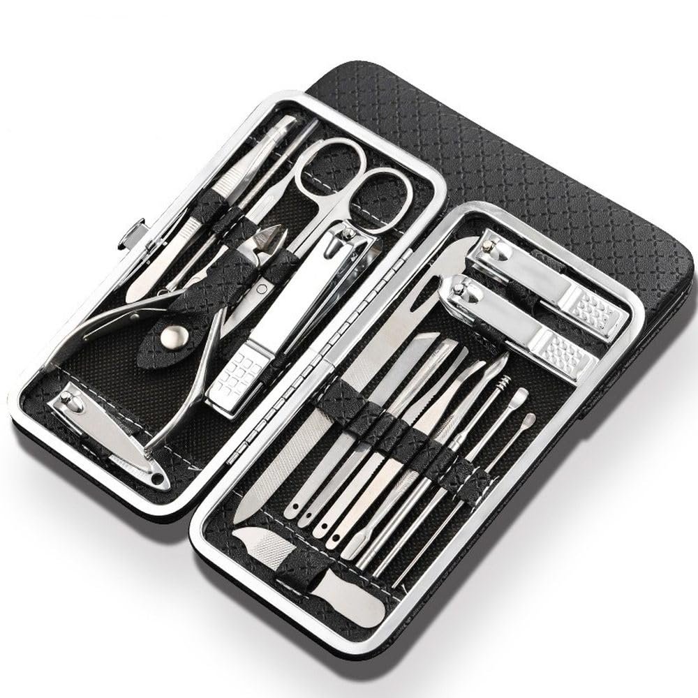 19-in-1 Manicure Set - Stainless Steel Nail Clipper Kit w/Ingrown Toenail Trimmer, Cuticle Scissors & Pedicure Tools | Travel Case Included,Black