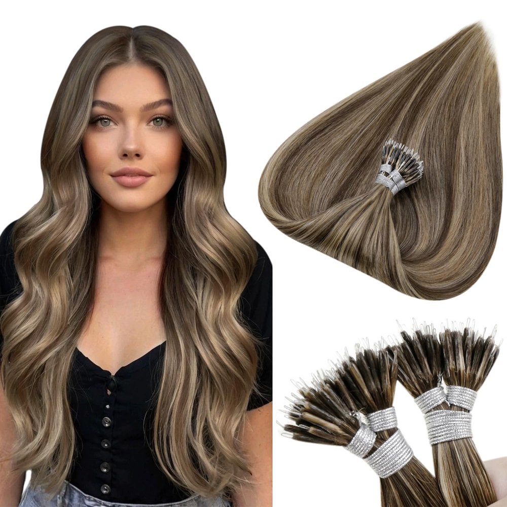 Hetto Nano Bead Hair Extensions Human Hair Brown Highlight Nano Ring Hair Extensions Real Human Hair Medium Brown Mixed Caramel Blonde Highlighted Nano Hair Extension 14 Inch 50g 50s