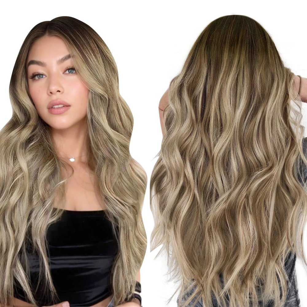 Full Shine Sew In Extensions Real Human Hair Weft Seamless Hair Extensions Color 3/8/22 Olive Brown to Ash Brown Highlight Medium Blonde