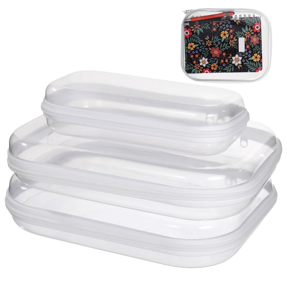 Cosmetic Travel Storage For Office Desk Home Use, Clear Pouches Organizing, 3 Pcs Small Plastic Hard Makeup Cases Set With Zipper