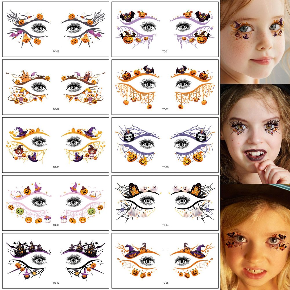10 Sheets Halloween Tattoos for Kids Boy Girls Eyes Face Decorations Halloween Temporary Tattoos Pumpkin Spider Web Bat Tattoos Stickers for Kids Party Makeup Decor Supplies