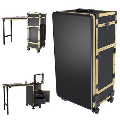 BAOMKONG Portable Manicure Table on Wheels, Rolling Nail Art Desk with LED Mirror, Lockable Drawers, Telescopic Pole, Nail Cart with Folding Manicure Station for Salons (Gold)