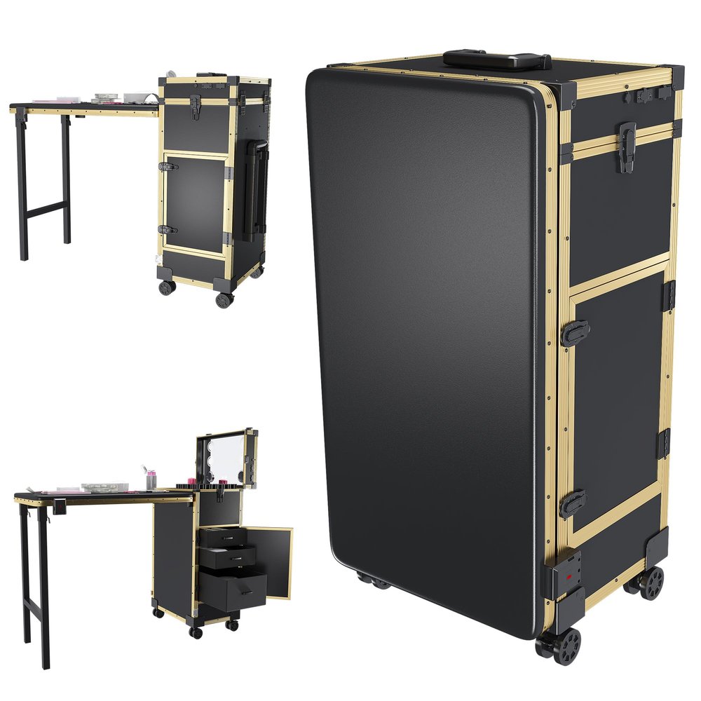 BAOMKONG Portable Manicure Table on Wheels, Rolling Nail Art Desk with LED Mirror, Lockable Drawers, Telescopic Pole, Nail Cart with Folding Manicure Station for Salons (Gold)