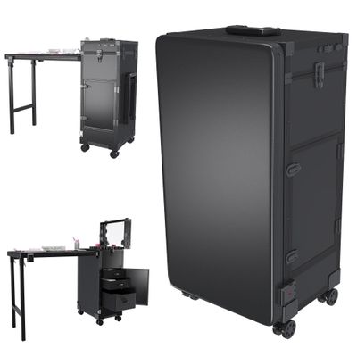 BAOMKONG Portable Manicure Table on Wheels, Rolling Nail Art Desk with LED Mirror, Lockable Drawers, Telescopic Pole, Nail Cart with Folding Manicure Station for Salons (Black)