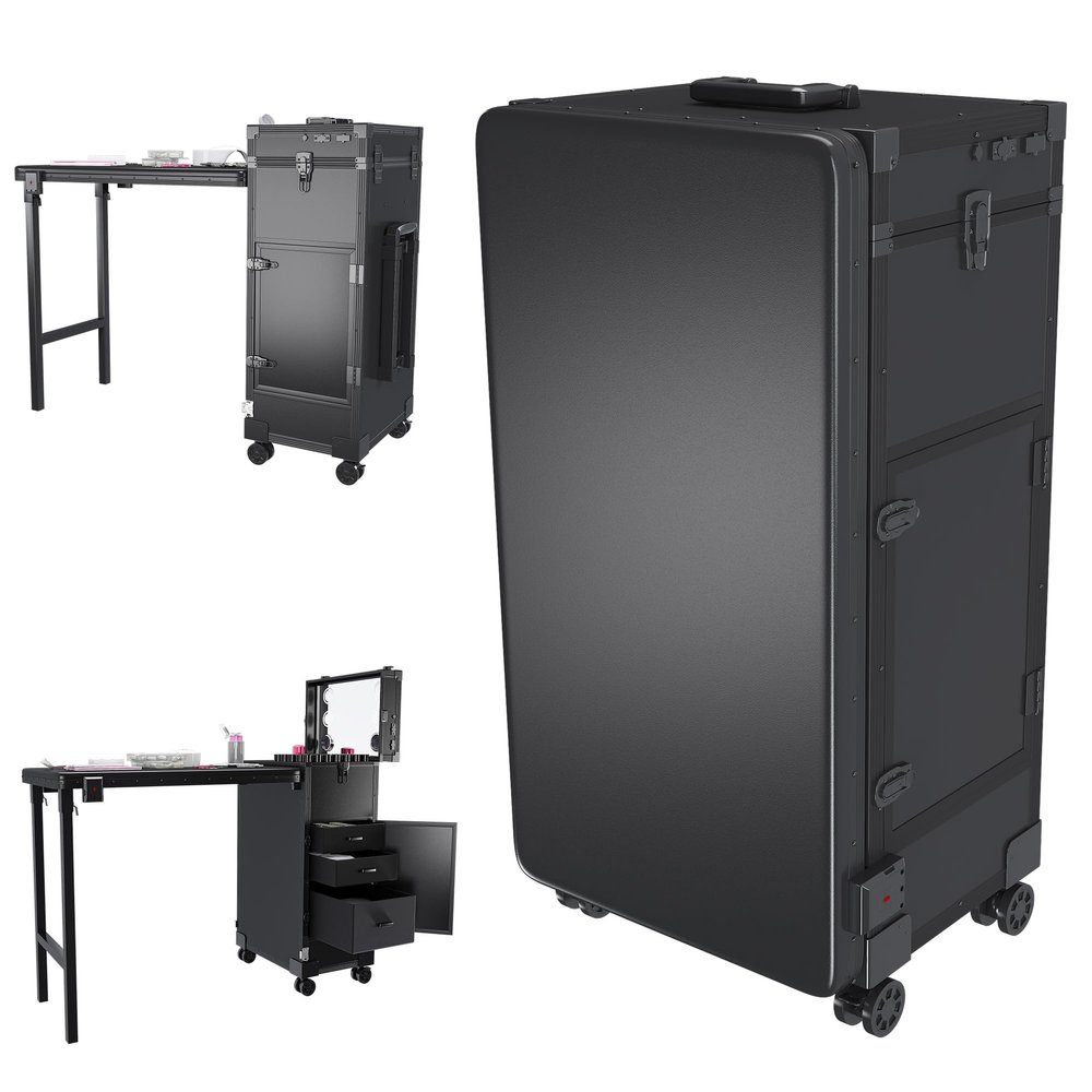 BAOMKONG Portable Manicure Table on Wheels, Rolling Nail Art Desk with LED Mirror, Lockable Drawers, Telescopic Pole, Nail Cart with Folding Manicure Station for Salons (Black)