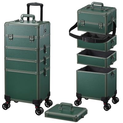 FRENESSA Rolling Makeup Train Case Cosmetology Case on Wheels 5 in 1 Makeup Case with Lid Rolling Large Make Up Organizer for Artist Barber Salon Nail Teach Kits Professional Cosmetic Box Green
