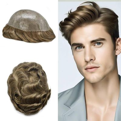 ApexToupees Hair System for Men Hairpiece Human Hair Mens Toupee 0.10mm Poly Skin Hair Replacement Systems for Men Protesis Capilar 6X8-120% density #1710-17 Dark Ash Blonde+10% Grey