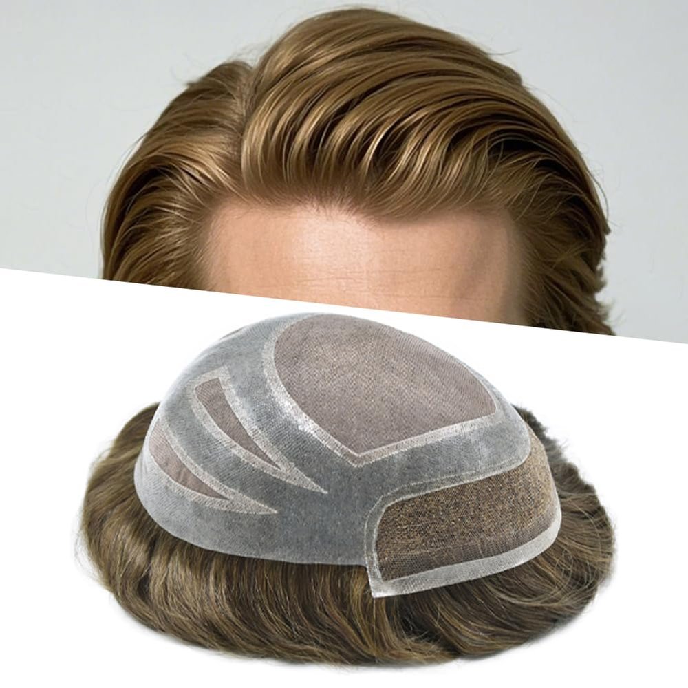 SINGA HAIR Fine Mono Toupee for Men Hairpiece Real Human Hair Lace Front Mens Toupee Hair Replacement System for Men Hairpieces Bleached Knot #6 Light Brown 8X10 120% Density