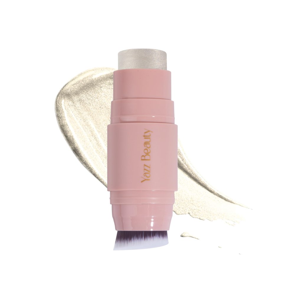 YazzBeauty Makeup Highlighter Stick with Brush Sun Shimmer White | Brightening & Glowy Finish | Lightweight Formula for Face