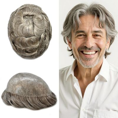 ApexToupees Hair System for Men Hairpiece Human Hair Mens Toupee 0.10mm Poly Skin Hair Replacement Systems for Men Protesis Capilar 7X9-120% density #660-6 Light Brown+60% Grey