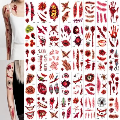 40 Sheets Scary-Realistic Fake Tattoos for Adults - Horror-Themed Custom Temporary Tattoos With Bloody Effects - Easy Face & Body Art for Halloween & Cosplay