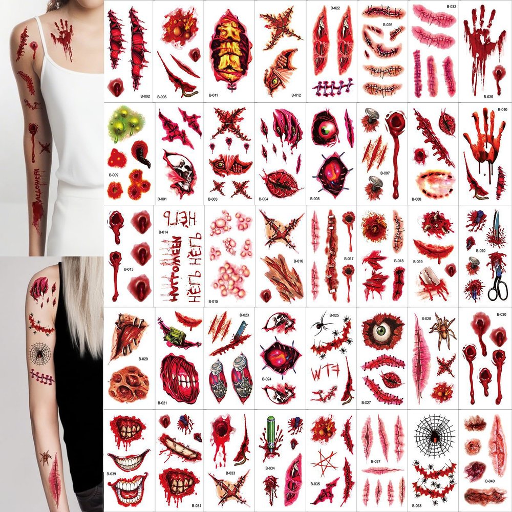 40 Sheets Scary-Realistic Fake Tattoos for Adults - Horror-Themed Custom Temporary Tattoos With Bloody Effects - Easy Face & Body Art for Halloween & Cosplay