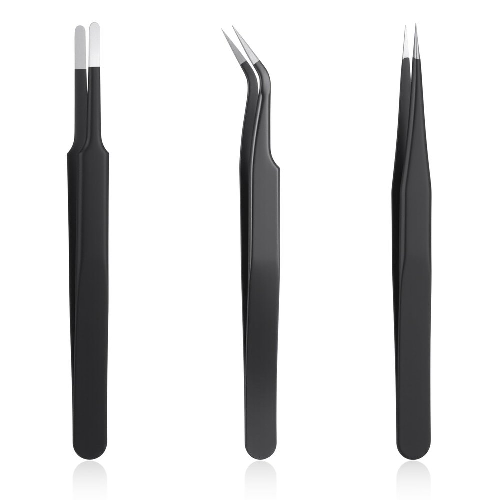 3Pcs Needle Nose Tweezers Set, Stainless Steel Fine Point Tweezers, Precision Anti Static ESD Safe, Curved Needle Nose Tweezer for Electronics Repair, Model Building, Craft, Jewelry, Laboratory Work