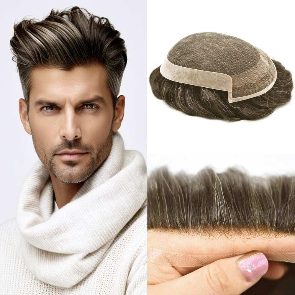 Hair Wonders Mens Toupee Human Hair Piece For Men Swiss Lace Hair System for Men Hairpiece Poly Coated Mens Hairpieces Protesis Capilar 6X9-80% light density 5# MEDIUM LIGHT BROWN
