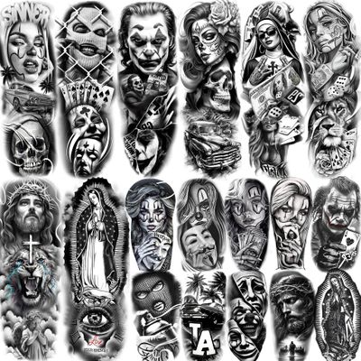 18 Sheets Chicano Full Arm Temporary Tattoos For Men Women Thigh, Chicana Guadalupe Joker Gangster Nun Girl Fake Sleeve Tattoos For Adults, Temp Bulk Jesus Christ Halloween Tattoo Stickers Prison